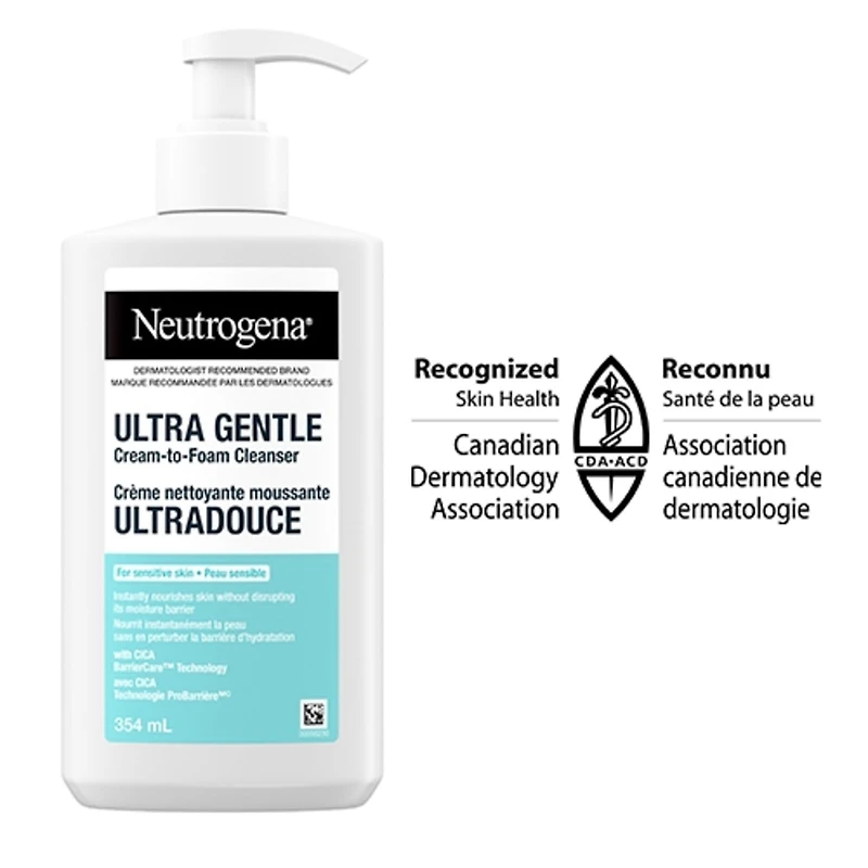 Crème nettoyante moussante ultradouce Neutrogena, Nettoyant pour le visage pour peau sensible, Peau sèche, Nettoyant, Testé par des dermatologues, Hypoallergénique, Cica, Sans parfum 354 mL