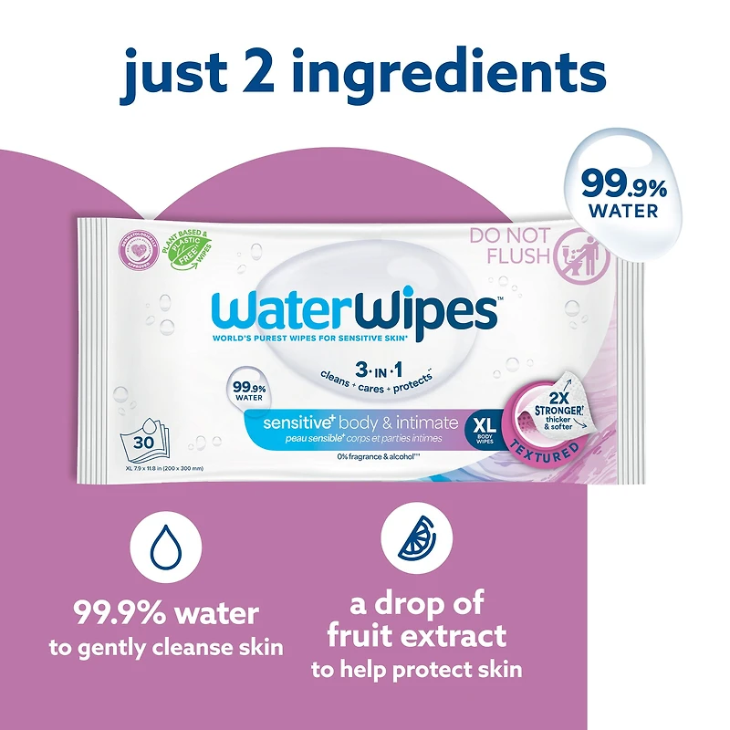 WaterWipes Sensitive+ Body & Intimate Wipes, 3-In-1 Cleans, Cares, Protects, 99.9% Water, Unscented & Hypoallergenic Hygiene Wet Wipes, Adult Care, 30 Count
