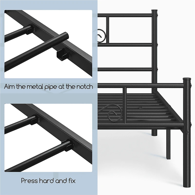 Fullfurnique Cadre de Lit Métallique avec Tête et Pied de Lit à Volutes, Queen, Noir