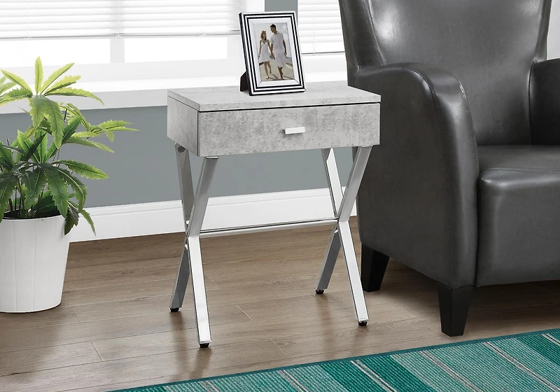 Monarch Specialties Accent Table, Side, End, Nightstand, Lamp, Storage Drawer, Living Room, Bedroom, Grey Laminate, Chrome Metal, Contemporary, Modern