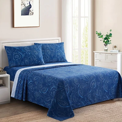 Marina Decoration Printed 600 Thread Count Soft Deep Pocket Hotel Standard Long Staple Cotton Blend Percale All Season Bedding Sheet Set, Navy Blue Paisley Pattern
