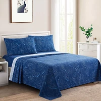 Marina Decoration Printed 600 Thread Count Soft Deep Pocket Hotel Standard Long Staple Cotton Blend Percale All Season Bedding Sheet Set, Navy Blue Paisley Pattern