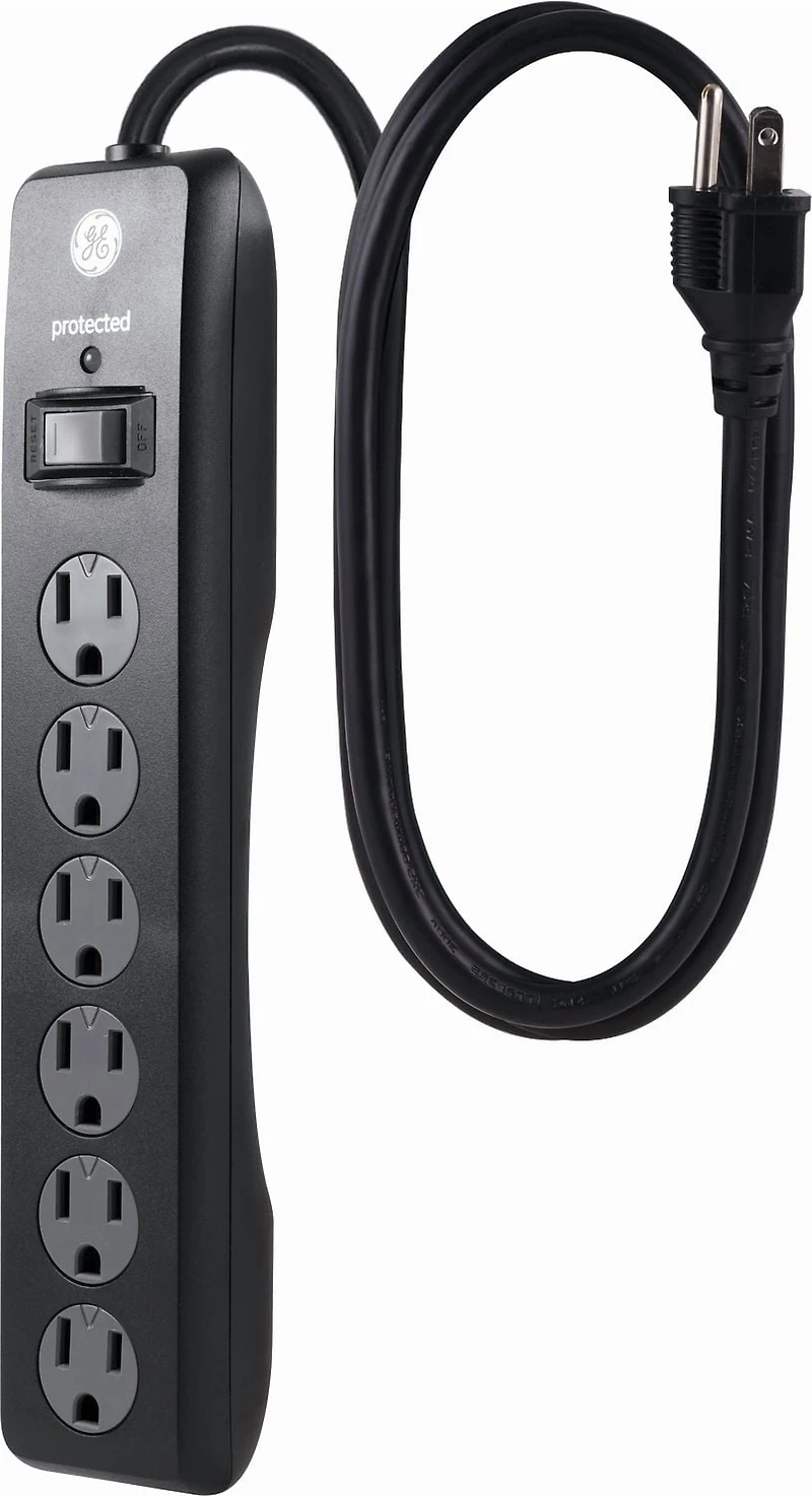 GE 6-Outlet 3 ft Surge Protector Extension Cord, 2-Pack, Black, 58188
