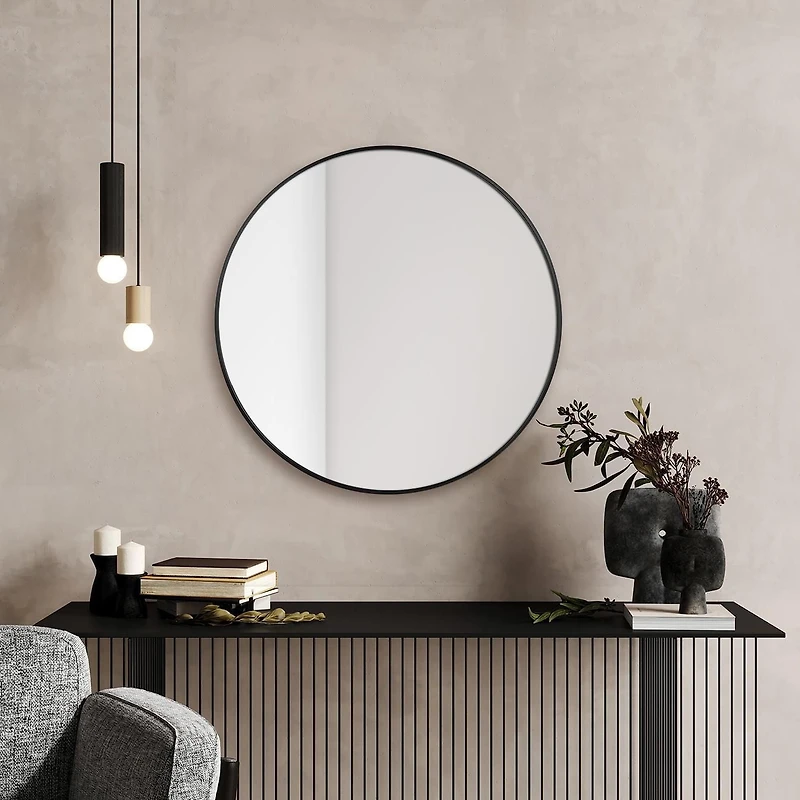 Hometrends miroir rond décoratif en aluminium, 30" de diamètre, noire brossée, Miroir décoratif