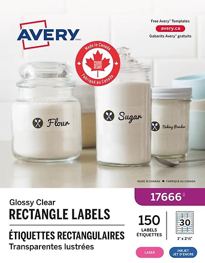 Avery Rectangle Clear Labels with Easy Peel, 1" x 2⅝", Permanent Adhesive, for Laser/Inkjet Printers - 17666