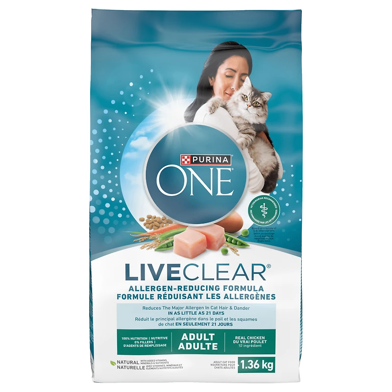 Purina ONE LiveClear Formule réduisant les allergènes avec du vrai poulet, Nourriture Sèche pour Chats, 1.36 kg
