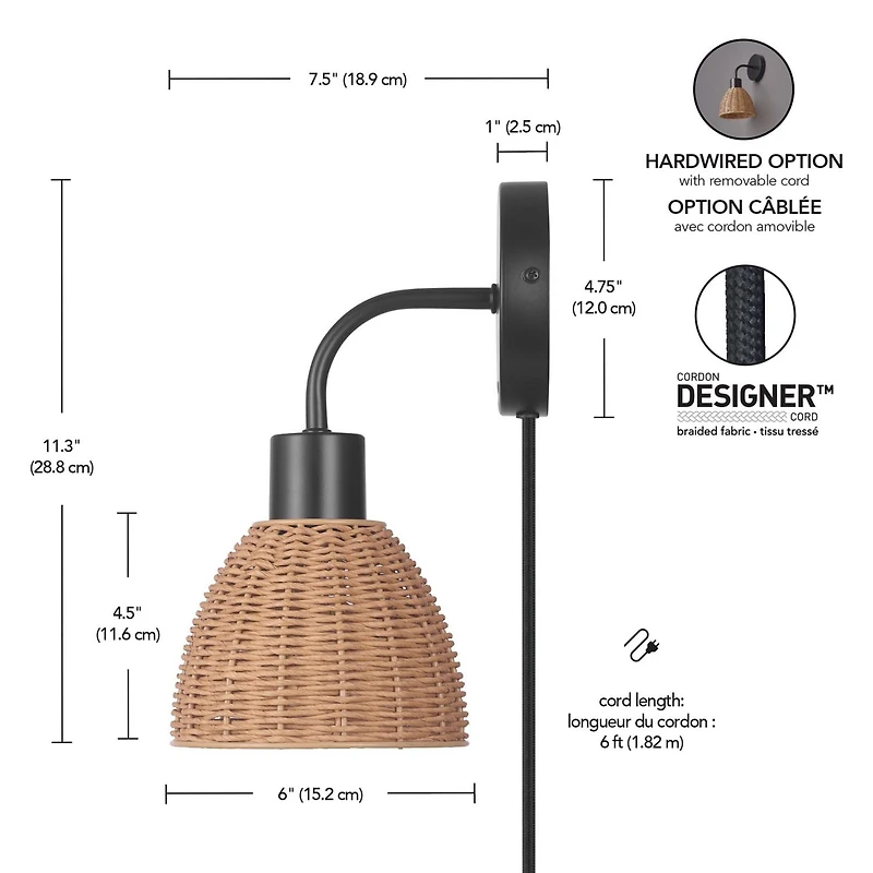 Briar 1-Light Matte Black Plug-In or Hardwire Wall Sconce with Rattan Shade, 91004447