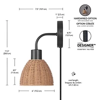 Briar 1-Light Matte Black Plug-In or Hardwire Wall Sconce with Rattan Shade, 91004447