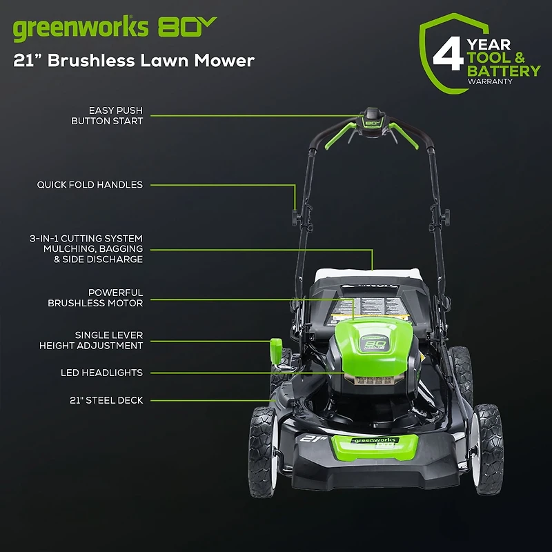 Greenworks 80V 21" Cordless Lawn Mower, 2x 2.0 Ah Batteries and Charger Included