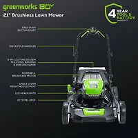 Greenworks 80V 21" Cordless Lawn Mower, 2x 2.0 Ah Batteries and Charger Included
