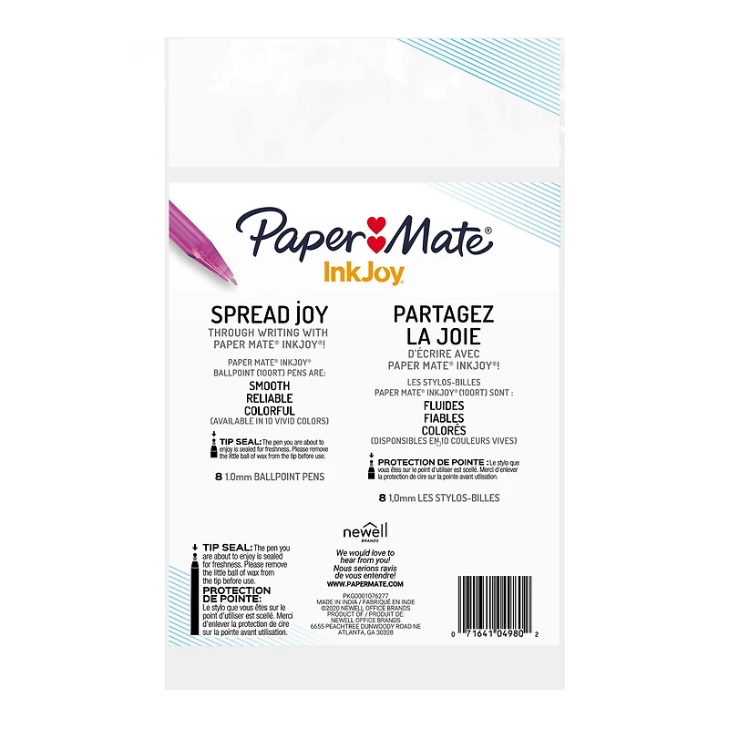 Stylos à bille Paper Mate InkJoy 100RT, stylos rétractables, pointe moyenne (1,0 mm), assortis