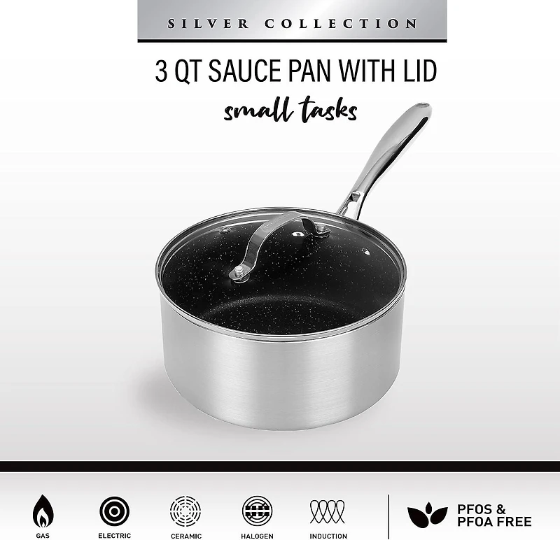 Granitestone Casserole antiadhésive de 3 litres avec couvercle en verre, petite casserole avec couvercle - Revêtement ultra durable avec extérieur brossé argenté - 100 % sans PFOA - Passe au lave-vais