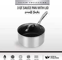 Granitestone Casserole antiadhésive de 3 litres avec couvercle en verre, petite casserole avec couvercle - Revêtement ultra durable avec extérieur brossé argenté - 100 % sans PFOA - Passe au lave-vais