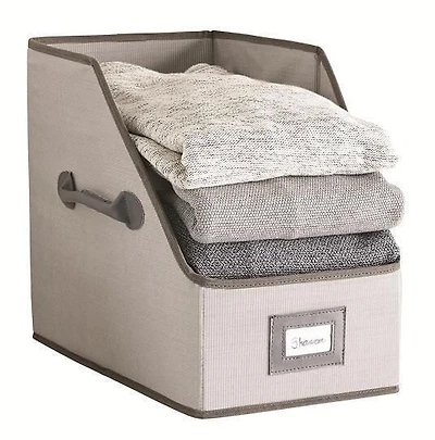 MAINSTAYS Fabric Sweater Bin, grey fabric color, foldable when not in use, high quality fabric, label holder for easy access of accessories storage, PU handle for easy carry