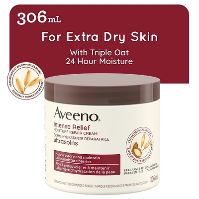 Crème ultrasoins Hydratation réparatrice Aveeno, Beurre de karité, Triple avoine, Hydratant pour peau très sèche, Sans parfum 306 ml