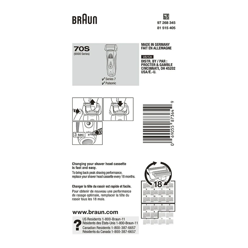 Braun Series 7 70S Electric Shaver Head Replacement Cassette – Silver, 1CT