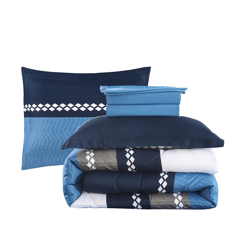 Literie Marina Décoration ultra douce et luxueuse en duvet d'oie, alternative au duvet d'oie, imprimée, avec draps et motif à rayures géométriques bleu marine