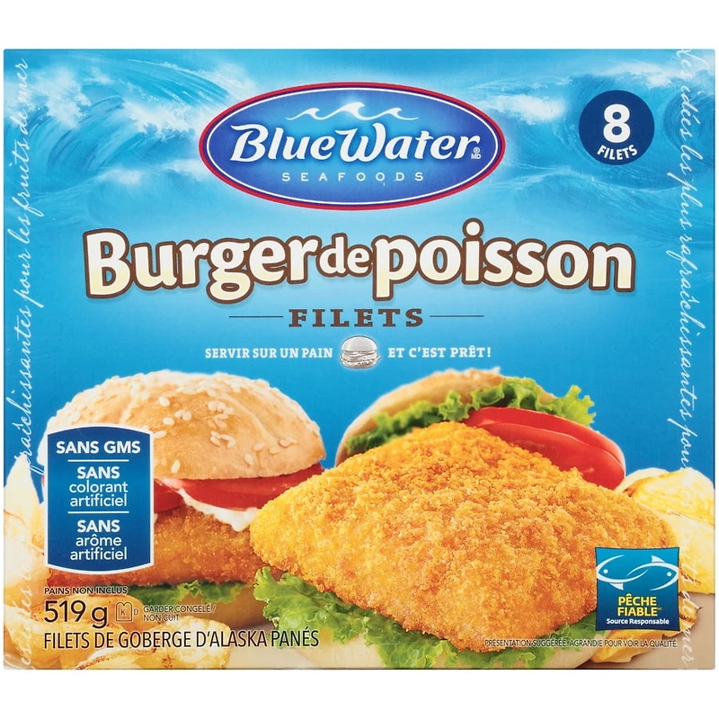 BlueWater Seafoods Breaded Fish Sandwich, Wild Caught Alaskan Pollock, Frozen, 8 Count, 519 g Package, Breaded Alaskan pollock fish sandwich fillets