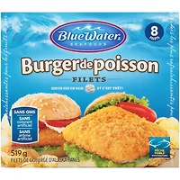 BlueWater Seafoods Breaded Fish Sandwich, Wild Caught Alaskan Pollock, Frozen, 8 Count, 519 g Package, Breaded Alaskan pollock fish sandwich fillets
