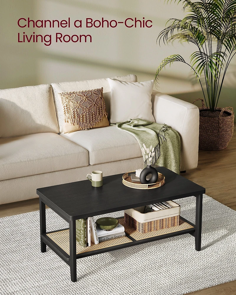 SONGMICS HOME Boho Style 2-Tier Coffee Table for Living Room – Rectangular Center Table with PVC Rattan Shelf, Rounded Corners, Easy to Assemble, Ash Black