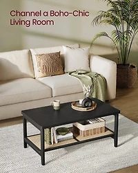 SONGMICS HOME Boho Style 2-Tier Coffee Table for Living Room – Rectangular Center Table with PVC Rattan Shelf, Rounded Corners, Easy to Assemble, Ash Black