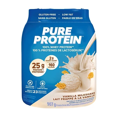 Lait frappé à la vanille, poudre de protéines de lactosérum à 100 %, 25 g de protéines et 2 g de sucre/mesure, 907 g/2 lb NOUVELLE APPARENCE! La poudre de protéines de lactosérum à 100 % Pure Protein offre un puissant mélange protéique - délicieux, pratique et à action rapide.