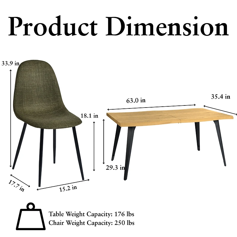 Homy Casa Modern Industrial 5-Piece Dining Set for 4 for Dining Room, Faux Wood Walnut Live Edge Table with 4 Armless Chairs