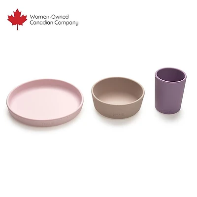 Ensemble repas 3 pièces en silicone 100 % - Assiette, bol, gobelet - Adapté pour le lave-vaisselle et le micro-ondes. À partir de 6 mois et plus