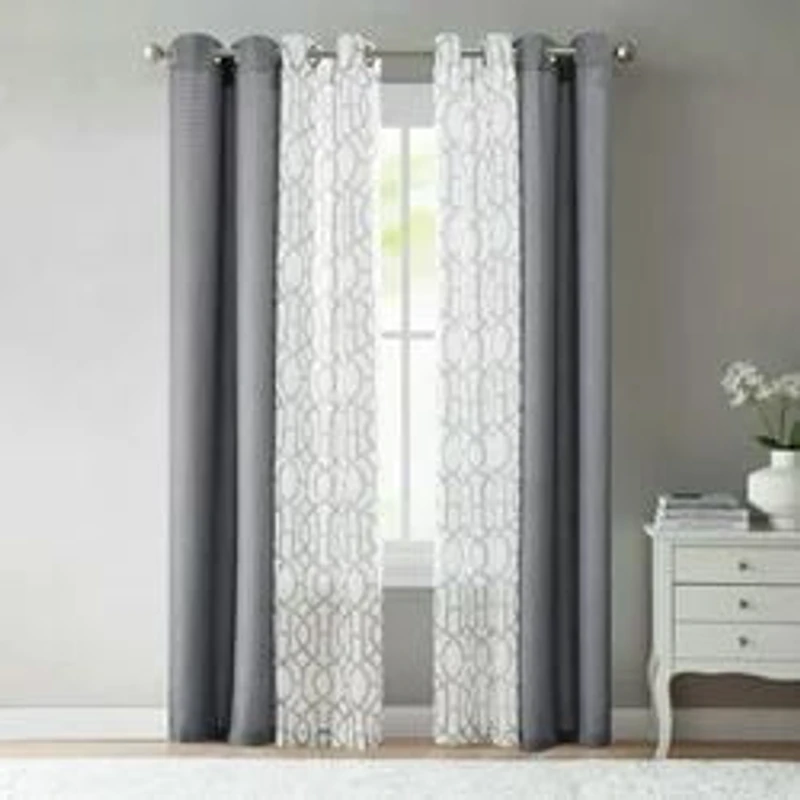 Ensemble de rideaux à œillets Mainstays Kingswood, voile uni et imprimé, 4 pièces, gris flanelle, 27,5" de large x 84" de long. MS 4PC Panel