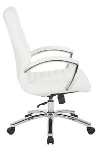 Executive Mid-Back Chair in White Faux Leather with Padded Arms and Chrome Finish Base