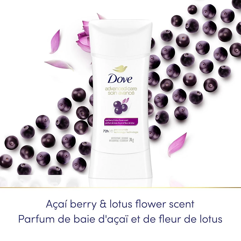 Antisudorifique désodorisant pour femme Dove Soin Avancé Parfum de Baie d'Açaï et Fleur de Lotus avec technologie pro-céramides pour une peau douce et résistante 74g