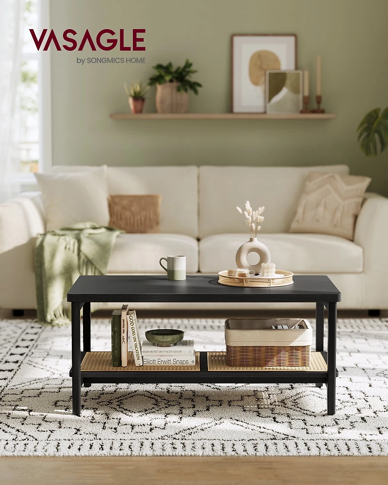 SONGMICS HOME Boho Style 2-Tier Coffee Table for Living Room – Rectangular Center Table with PVC Rattan Shelf, Rounded Corners, Easy to Assemble, Ash Black