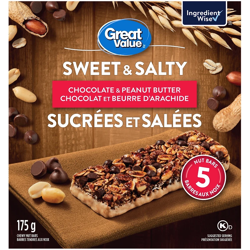 Great Value Sweet & Salty Chocolate & Peanut Butter Chewy Nut Bars, 175 g, 5 Nut Bars