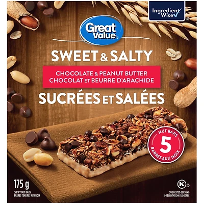 Barres tendres aux noix sucrées et salées chocolat et beurre d'arachide Great Value 175 g, 5 Barres aux noix