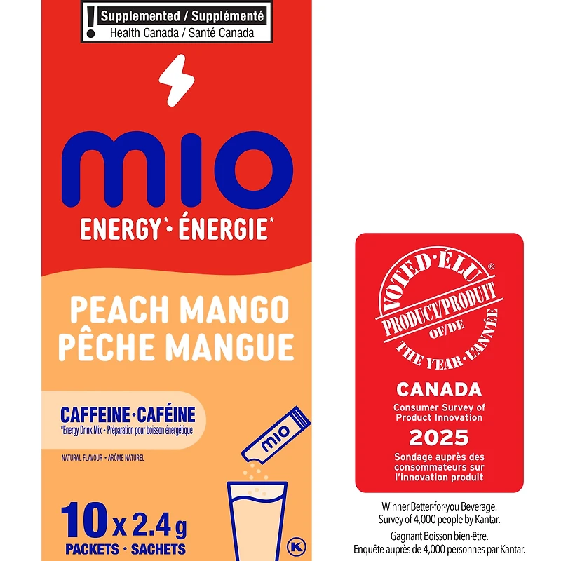 Mio Energy Peach Mango Energy Drink Mix, 2.4 G Packets, 10 Ct Box, Powders, 10pk