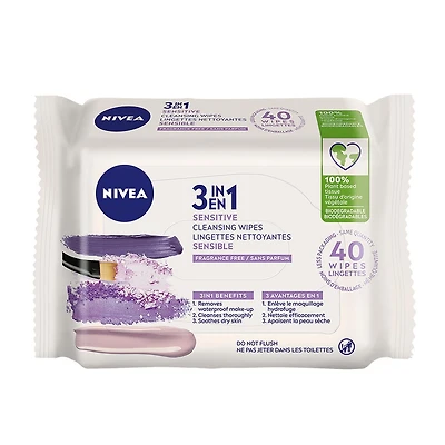 NIVEEA Lingettes Nettoyantes 3-En-1 Biodégradables pour Peau Sensible 40 Lingettes