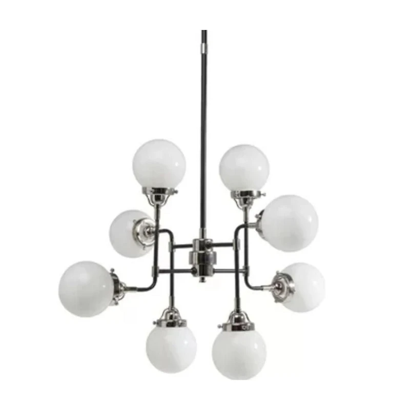 PENDENTIF BURNABY<br>Suspension à 8 ampoules avec abat-jour en verre blanc et cadre en métal de couleur noir et nickel.
