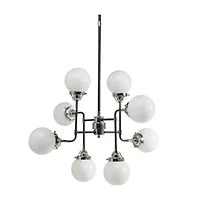 PENDENTIF BURNABY<br>Suspension à 8 ampoules avec abat-jour en verre blanc et cadre en métal de couleur noir et nickel.