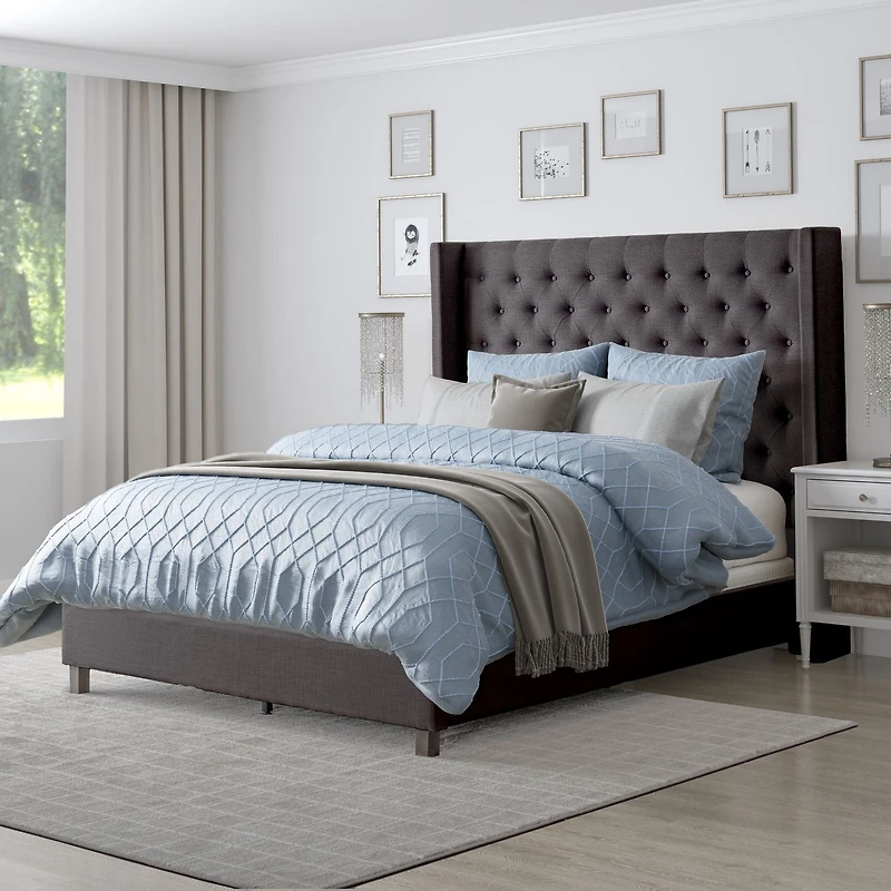 CorLiving Fairfield Upholstered Adult Queen Bed Frame with Tufted and Winged Headboard - Box Spring Required
