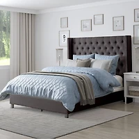 CorLiving Fairfield Upholstered Adult Queen Bed Frame with Tufted and Winged Headboard - Box Spring Required
