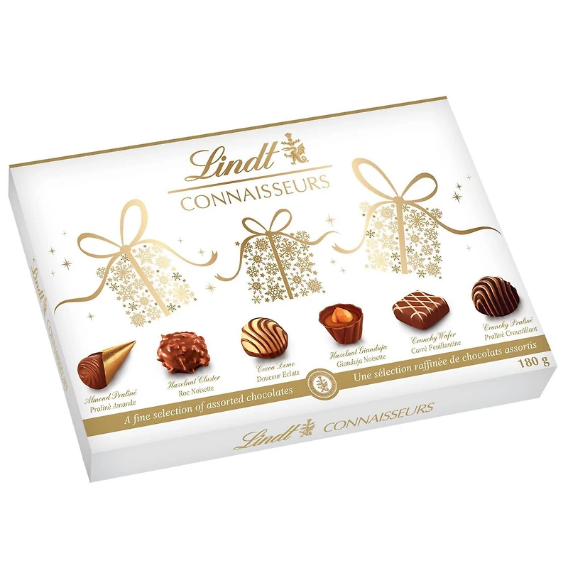 Lindt CONNAISSEURS Winterland Assorted Chocolate Gift Box, 180 Grams, Contains milk, dark and white chocolate pralines.