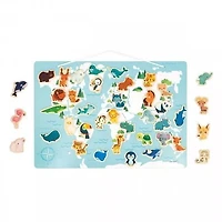 Janod - Minikids Magnetic World Puzzle - 40 FSC Wooden Magnets - 1 Poster - Animal Magnets - 24 Months