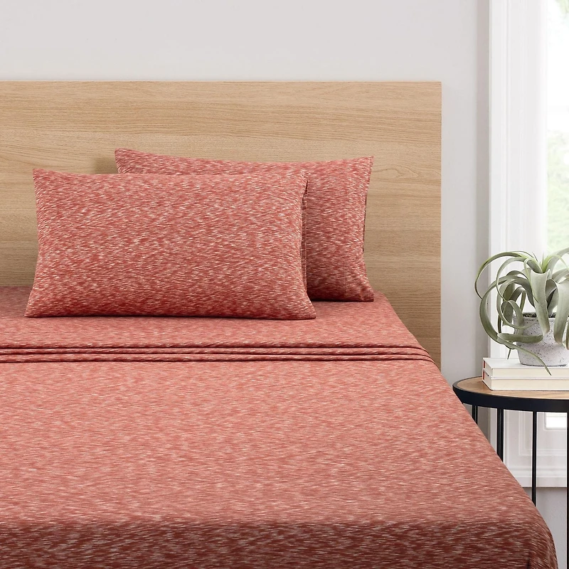 Mainstays 100% Cotton Extra Soft Jersey Bed Sheet Set, Double, Red Canyon Crackle, 4 Pieces, Jersey Sheet Set Cotton