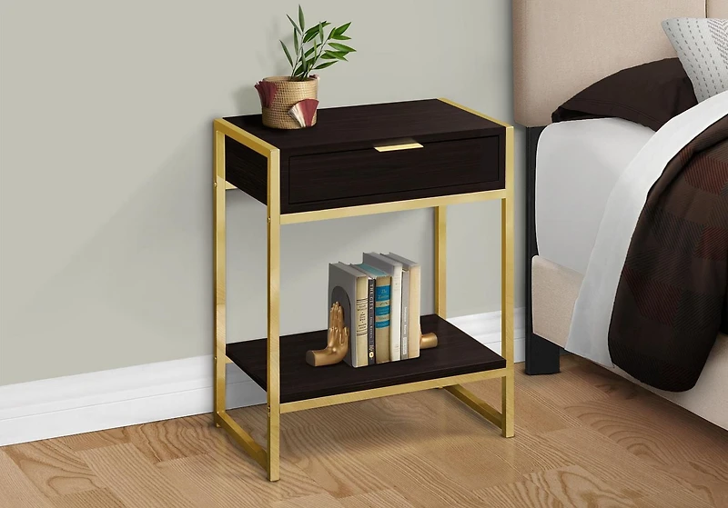 Monarch Specialties Accent Table, Side, End, Nightstand, Lamp, Storage Drawer, Living Room, Bedroom, Brown Laminate, Gold Metal, Contemporary, Modern