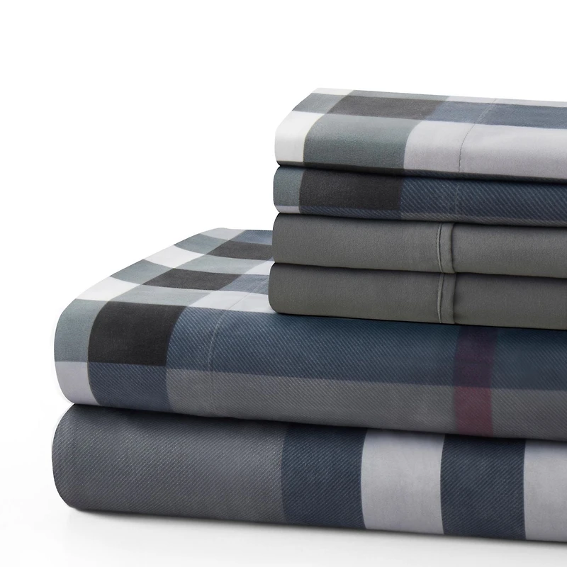 Literie Marina Décoration ultra douce, soyeuse et riche en soie, imprimée, en rayonne de bambou, toutes saisons, avec taies d'oreiller, motif tartan gris moderne