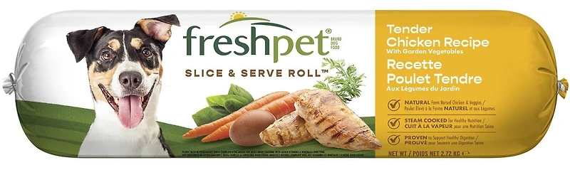 Recette de poulet tendre aux carottes, petits pois et riz brun Rouleau de poulet Freshpet 2,72 kg