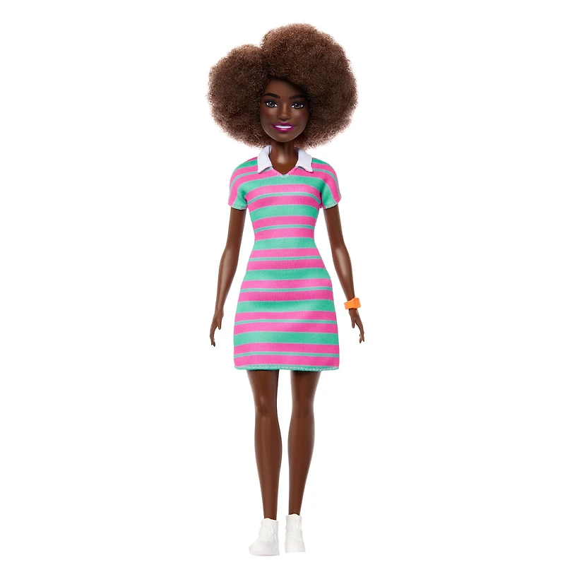 Barbie Fashionistas Doll #247 with Pink and Green Striped Dress, Curly Black Hair
