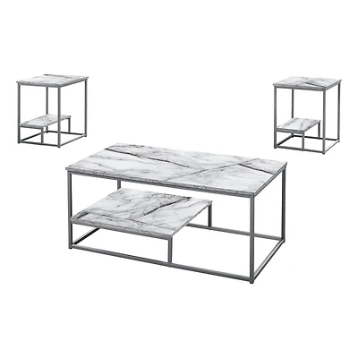 Monarch Specialties Ensemble De Table, Ensemble 3pcs, Café, Bout, Côté, Accent, Salon, Métal, Stratifié, Aspect Marbre Blanc, Gris, Contemporain, Moderne