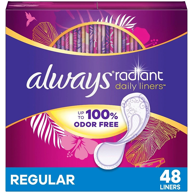 Protège-dessous quotidiens Always Radiant, longueur régulière, degré d’absorption léger, jusqu’à 100% sans odeurs et sans parfum, avec bande adhésive sur toute la longueur Edge-2-Edge, 48protège-desso 48CT