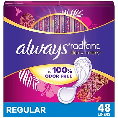 Always Radiant Daily Liners Light Absorbency, Regular Length, Up to 100% Odor Free and Fragrance Free, with Edge-2-Edge Adhesive, 48CT